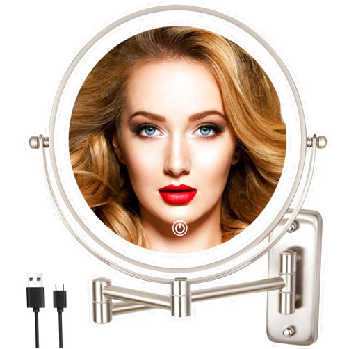 ALHAKIN 9 Inch Rechargeable Wall Mounted Lighted Makeup Mirror, Double Sided 1X/10X Magnifying Bathroom Mirror with 3 Color Lights, Touch Screen Dimmable 360° Swivel Light Up Mirror, Nickel