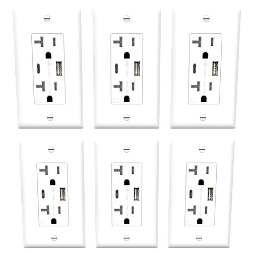 TOPGREENER 20 Amp USB Outlet, Type C USB Wall Charger Outlet, 20A Tamper-Resistant Receptacle with 2 USB Charging Ports, TU22036AC-W-6PCS, White, 6 Pack