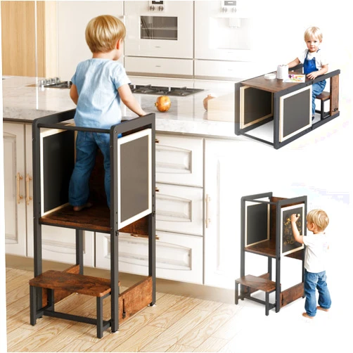 JUSTOGO Toddler Kitchen Stool Helper - 4 in 1 Toddler Stool with Chalkboard Safety Rail, Adjustable Height Kids Standing Tower for Kitchen Counter, Wooden Learning Step Stool for 1-3
