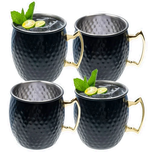 MyGift 16 oz Matte Black Mug Moscow Mule Mugs, Stainless Steel Bar Mugs Hammered Drinking Glasses with Brass Tone Handle, Set of 4