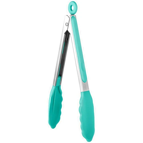 U-Taste 600ºF Heat Resistant Kitchen Tongs: U-Taste 9 inch Silicone Cooking Tong with Firm Sealed Non Stick Rubber Tips & Silicon Coated 18/8 Stainless Steel Handle & Smooth Locking for Serving Salad-Aqua Sky