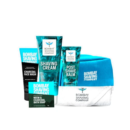 Bombay Shaving Company Premium Grooming and Shaving Kit Gift Hamper for Men Pre Shave Scrub, Shaving Cream, Post Shave Balm, Charcoal Soap, Towel, Shaving Kit Bag 6 Count (Pack of 1) Multicolour