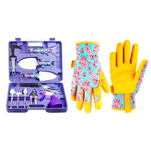 JUMPHIGH 10PCS Purple Garden Tools Set & Leather Gardening Gloves for Women(M)