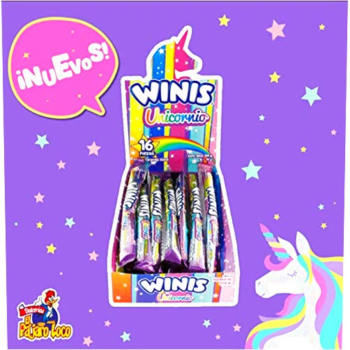 Cacho Winis Unicornio 16 Pieces Classic Taffy Cotton candy Flavor twisted rainbow colors party Mexican snacks multi-color