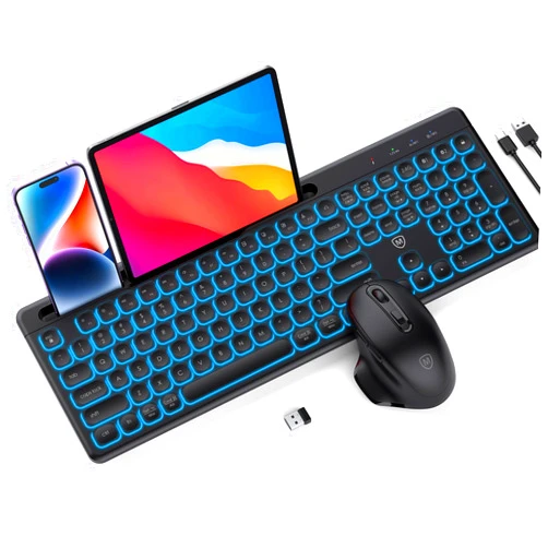MICROPACK Digitally Yours Wireless Keyboard and Mouse, MicroPack Bluetooth Keyboard and Mouse, 7 Backlit Dual Mode Multi Device Bluetooth Keyboard, 3 Adjustable DPI, Rechargeable with Tablet Holder for Mac, Windows Black