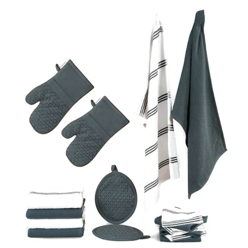 Lane Linen Kitchen Towels and Dishcloths Sets - 16 Pc Kitchen Essentials for New Home, Heat Resistant Silicone Oven Mitts & Pot Holder, Absorbent Terry kitchen Towels, Dish Towels for Kitchen - Grey