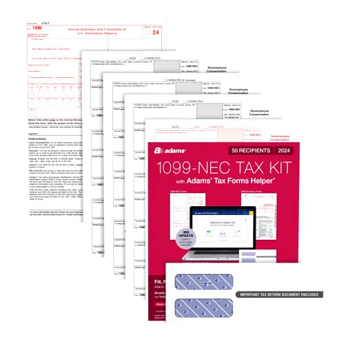Adams 2024 1099 NEC Tax Forms Kit for 50 Recipients, 4-Part 1099 Forms, 6 1096 Forms, Self Seal Envelopes, Access to Adams Tax Forms Helper (1009318)