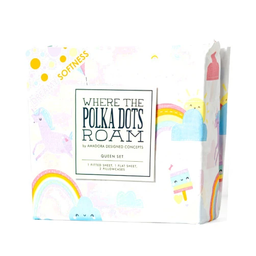 Where The Polka Dots Roam Rainbow and Unicorn 4 Pieces Queen Bed Sheet Set |Super Soft Premium Bedding for Kids Room Décor, Bedding Set for Girls, 1 Fitted Sheet, 1 Flat Sheet and 2 Pillowcase