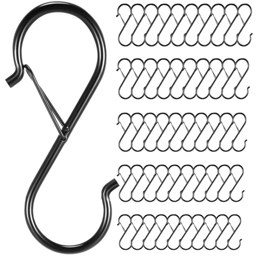 Zonon 50 Pack S Shaped Hooks for Hanging Heavy Duty Mental Ornament S Clip 3.8 Inch Hooks with Clips for Closet Plant Rafter Drapery Garden Cabinet Kitchen Toilet Lights Gutter Outdoor (Black)