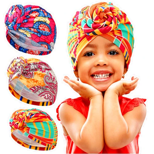 Geyoga 3 Pieces Kids Knot Pre Tied Turban African Soft Cotton Turban Stretch Head Wear Head Wrap for Boys Girls