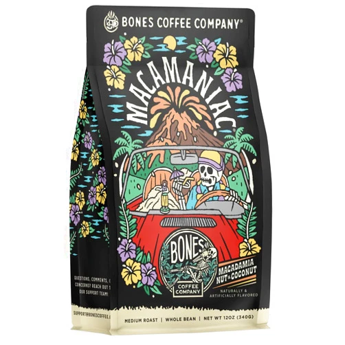 Bones Coffee Company Macamaniac Flavored Ground Coffee Beans Macadamia and Coconut Flavor | 12 oz Flavored Coffee Gifts Low Acid Medium Roast Flavored Coffee Beverages (Ground) Macadamia and Coconut 12 oz Ground Coffee
