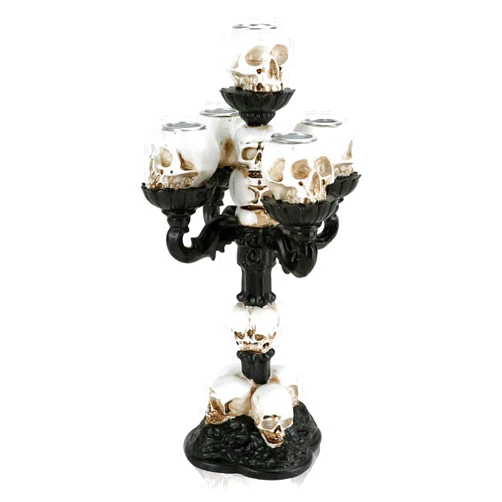QLFJ-FurDec Gothic Skull Candle Holder, Resin Cranium Skeleton Head Candelabra, Spooky Desktop Tealight Candlestick Holders for Indoor Home Office Bar Party Kitchen Decor, Fits 3/4 Inches Pillar Candle (5 Skulls)