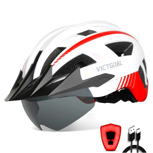 VICTGOAL Bike Helmet with USB Rechargeable Rear Light Detachable Magnetic Goggles Removable Sun Visor Mountain & Road Bicycle Helmets for Men Women Adult Cycling Helmets