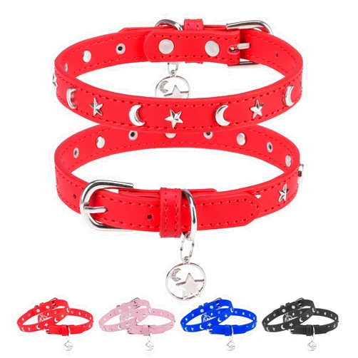 DILLYBUD Leather Dog Collar for Puppy Small Medium Dogs, Adjustable Star and Moon Studded Pet Collars with Rust-Proof Metal Buckle and Charms, XS S Dog Collars for Boy and Girls, Size 11-14