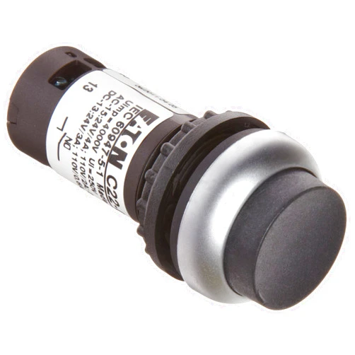 Eaton C22-DH-S-K11 Pushbutton Switch, Extended Mounted, Momentary Operation, Black Button Color, Silver Bezel Color, SPST-NO / SPST-NC Contacts