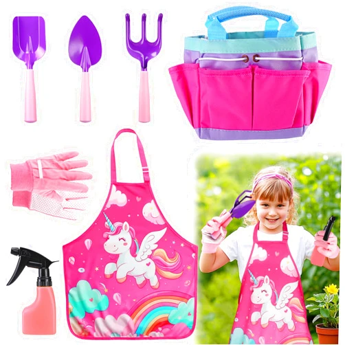 Acostop Kids Gardening Tool Set - Garden Tools for Kids with Shovel Trowel Rake Apron Gloves Watering Can and Tote Bag, Outdoor Toys Great Gifts for 3 4 5 6 7 8+ Years Old Girls (Unicorn Style)