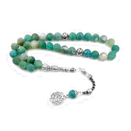 ALBASHAN Tasbih Natural Green agate stone Blue Metal tassel 33 45 66 99 prayer beads islamic fashion stone Muslim Rosary (10mm x 45beads)