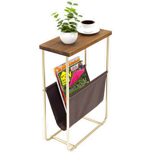 MyGift Living Room Side Table, Dark Brown Burnt Wood End Table and Brass Tone Metal Frame with Leatherette Magazine Holder Basket Sling