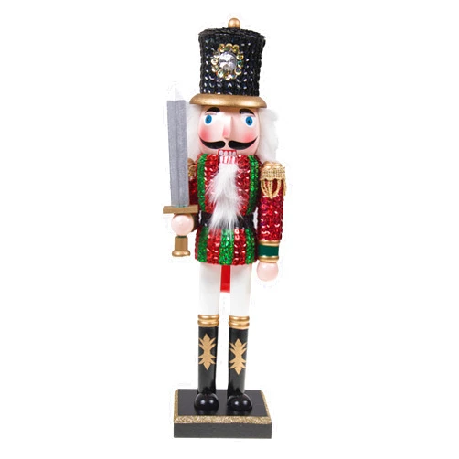 Clever Creations Red and Green Sequin Soldier 14 Inch Traditional Wooden Nutcracker, Festive Christmas Décor for Shelves and Tables 14 inch Red and Green Sequin Soldier