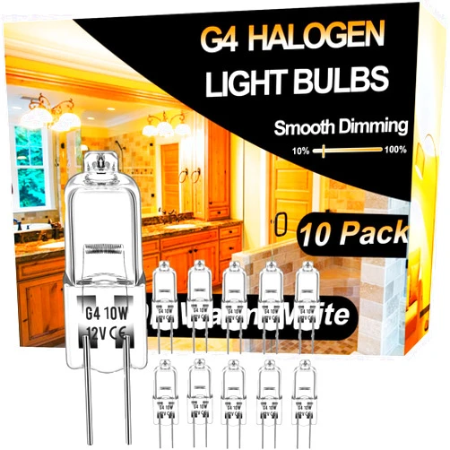Vannise Halogen 10 Watt 12 Volt Light Bulbs 2 Pin G4 Base-10 Pack Long Lasting G4 Halogen Bulb, High Output G4 Bulb Dimmable with G4 Bi-Pin Base, G4 Warm White 2800K for Under Cabinet Puck Light