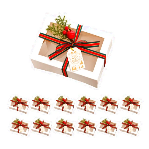 TIMBLESSING 12 Pack Christmas Gift Boxes with Clear Window, Red Christmas Gift Boxes with Ribbon, Pine Sprigs & Berry Decorations for Holiday Wrapping, 8.7x5.9x2.8 Inch (white)