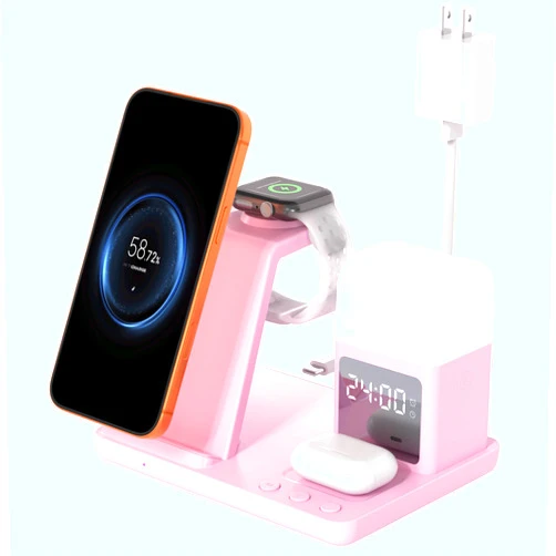 COUTSALL Wireless Charger for iPhone, 6 in 1 Fast Phone Charger Stand Dock with Alarm Clock Night Light, Wireless Charging Station for Apple Watch, for Airpods 3/2/Pro, for iPhone 17/1615/14/13/12/11/Pro/Max