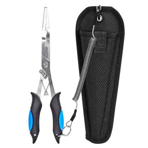Mygeromon Fishing Pliers Stainless Steel Long Nose Hook Remover with Sheath and Lanyard for Tool & Line Cutters Saltwater and Freshwater 8.8 inches by Mygeromon(Black+Blue)