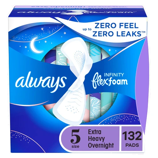 Always Infinity Feminine Pads For Women, Size 5 Extra Heavy Overnight Absorbency, Multipack, With Flexfoam, With Wings, Unscented, 22 Count x 6 Packs (132 Count total)