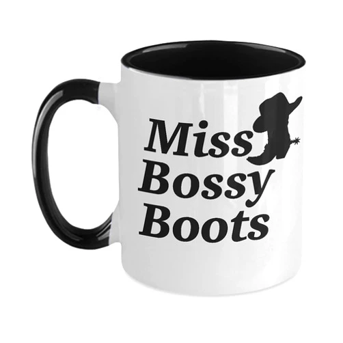Be Wild and Free Market Miss Bossy Boots Mug White Two Tone Coffee Cup Cowgirl Cowboy Hat Mama Bear