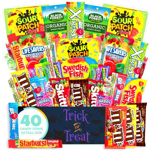 The Care Crate Co. Halloween Candy Snack Box (40 Full Size Variety Gift Basket Care Package) Sour Patch Kids, M&Ms, Starburst, Swedish Fish, Skittles & More - The Care Crate Co.
