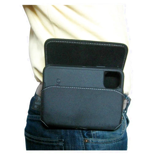 Mgbca Nylon Phone Pouch for iPhone 15 14 13 12 11 Pro Max, Rugged W/Fixed Secure Belt Clip Holder, Magnetic Closure, Fits (Otterbox Defender) Or Slim-Fit Cases On Cell Phone (Black- Sideways)
