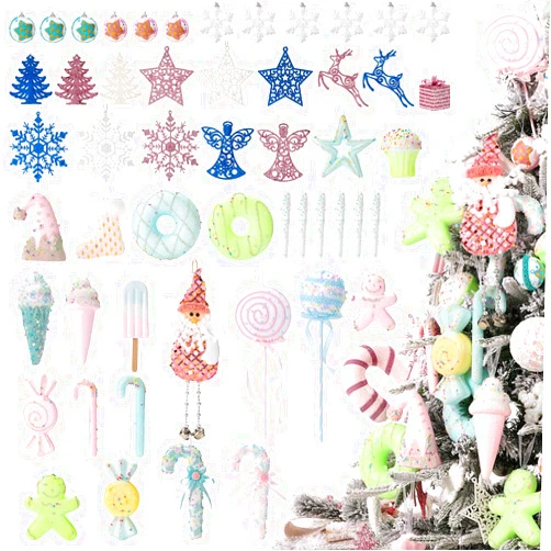 LANGXUN 52pcs Christmas Tree Decorations, 2024 New Cute Hanging Decor, Candy Land Tree Ornament Set for Indoor Home Party Gifts Xmas Holiday, Lollipops, Gingerbread, Snowman, Ice Cream, Snowflake