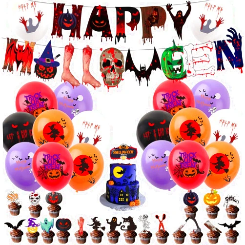 Wgzftrys Halloween Balloon Pull Flag Insert Set of 36, 15 Black Orange Purple Halloween Balloon Decorations with Confetti Balloon Skeleton Bat Ghost Pull Flag, Halloween Theme Birthday Party Supplies
