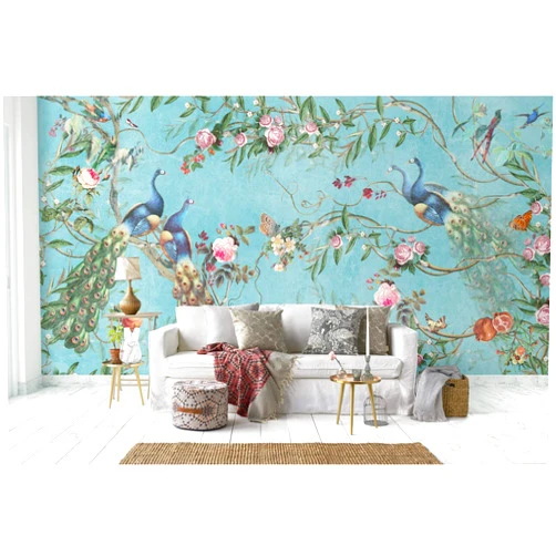 Murwall Peacock Wallpaper Peony Blossom Wall Mural Chinese Floral Wall Print Asiatic Home Decor Cafe Design