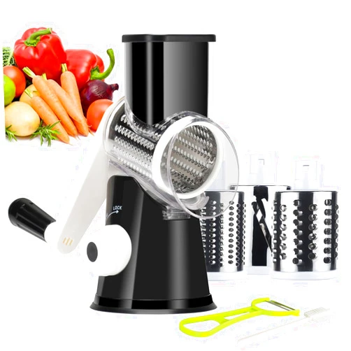 Ourokhome Rotary Cheese Grater Hand Crank, Kitchen Shredder Speed Mandolin Slicer Nuts Grinder with Handle and Drum Blades for Cheese, Vegetable, Walnut, Chocolate, Potato, Carrot, 3 Blades, Black