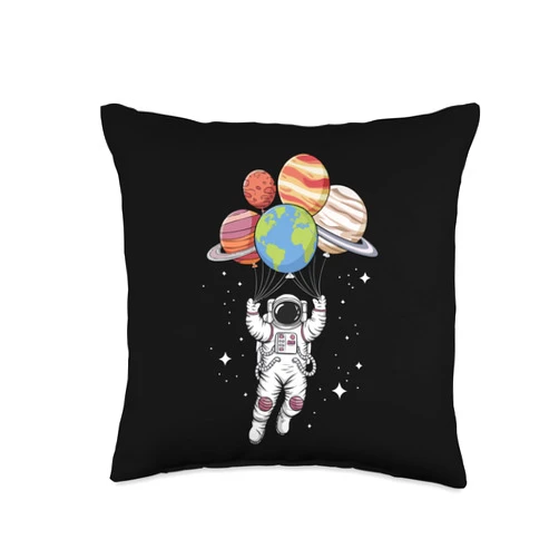 Floating Astronaut Space Balloon Art for Kids Astronaut Holding Planet Balloons Space Adventure for Kids Throw Pillow