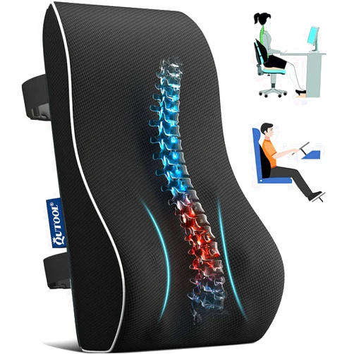 Qutool Lumbar Support Pillow for Office Chair Back Support Pillow for Car, Computer, Gaming Chair, Recliner Memory Foam Back Cushion for Pain Relief Improve Posture, Mesh Cover Double Adjustable Straps