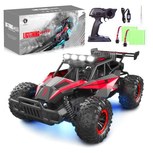 LARVEY 1:16 Scale Remote Control Car, 20 Km/h High Speed Remote Control Truck Off Road RC Monster Vehicle with LED Headlights and Chassis Lights, Electric Toy for Boys Kids and Adults
