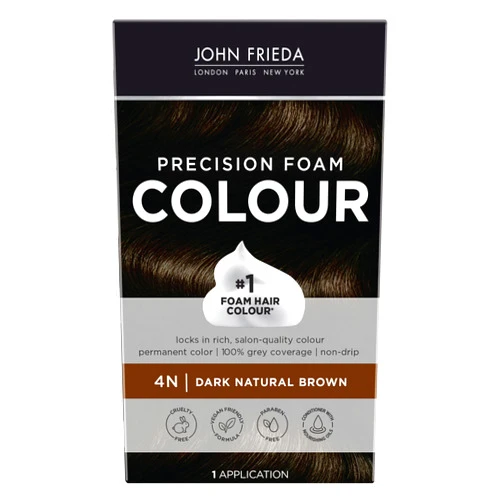 John Frieda Precision Foam Colour, Dark Natural Brown 4N, Full-coverage Hair Color Kit, Anti-Fade Gray Coverage, Deep Color Saturation Hair Dye, 1 Application