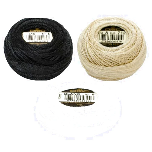 Inceler 3 Counts DMC 116/8 Pearl Cotton Thread Balls (Black,White,Cream) - Black(310) Bundle with DMC Pearl Cotton Ball White (Blanc) and Cream (712), Size 8, Length 87 Yards, Inceler Supplies