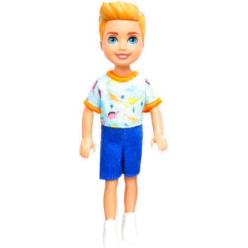 Barbie Chelsea Doll, Small Boy Doll Wearing Removable One-Piece with Dinosaur Print & White Shoes, Blond Hair & Blue Eyes