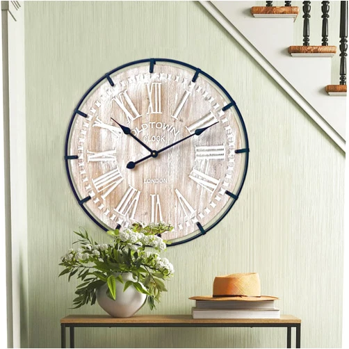 EMAX HOME 24 Inch Large Farmhouse Wall Clock, Rustic Antique Wood with Metal Circle and Large Engraved Numerals, Silent Battery Operated Wall Clock for Office Kitchen Bedroom Living Room