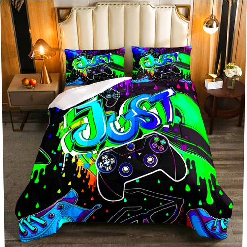 Erosebridal Boy Gaming Comforter Set Twin Gamepad Game Bedding Set Gamers Quilt Tie Dye Duvet Set for Kids Teens Hip Hop Quilt Set Cartoon Design Bedding, Colorful Comforter Set