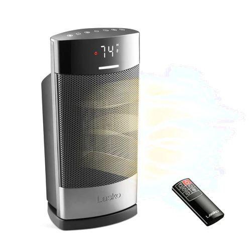 Lasko Ellipse Ceramic Tabletop Heater for Home with Tip-Over Switch, Child Lock, Digital Display, Thermostat, AutoECO Mode, Wide Oscillation, Remote, For Bedroom, Office, Den, 1500W, Black, CD12950