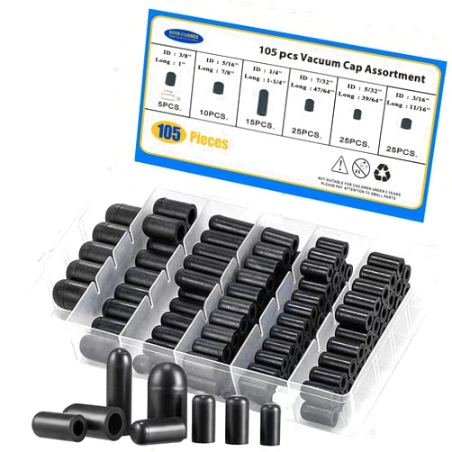 BUSY-CORNER 105 Pieces Vacuum Cap Assortment Kit, Dropper ID 3/8'' 5/16'' 1/4'' 7/32'' 5/32'' 3/16'', Hose Caps Kit for Car Carburetor Manifold