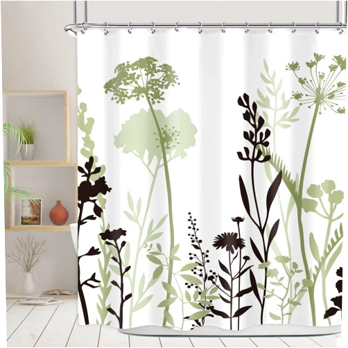 Omifly Sage Green Floral Shower Curtain 72Wx72H Inch Black Silhouette Wildflower Rustic Boho Plant Vintage Botanical Leaves Aesthetic with 12 Plastic Hooks Fabric Waterproof Toilet Accessories Decor