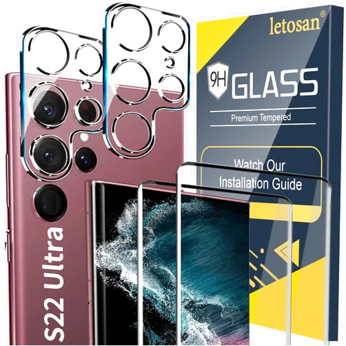 Letosan [2+2 Pack] Galaxy S22 Ultra Screen Protector, 9H Tempered Glass, Ultrasonic Fingerprint Support, 3D Curved, HD Clear Scratch Resistant for Samsung Galaxy S22 Ultra 5G Glass Screen Protector S22ULtra HD6.