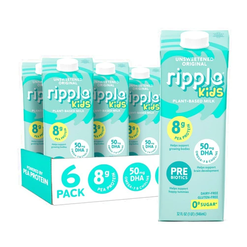 Ripple Kids Unsweetened Non-Dairy Milks | Vegan Milk with 8g Pea Protein | Shelf Stable | Non-GMO. Plant Based, Gluten Free | (32 Fl Oz (Pack of 6), Unsweetened Kids)