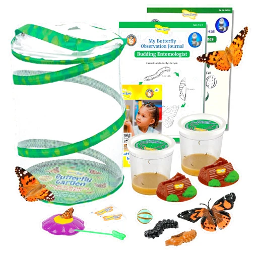 Insect Lore Butterfly Garden with Two Cups of Live Caterpillars, Life Cycle Figurines, English and Spanish Butterfly STEM Activity Journals | 10 Painted Lady Butterfly Baby Caterpillars