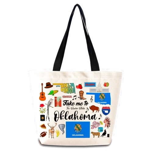 ZhuVantrix Take Me To Oklahoma Tote Bag Reusable Grocery Bags Aesthetic Shopping Shoulder Handbag with Interior Pocket Lightweight & Washable Stylish Oklahoma Travel Present for Women